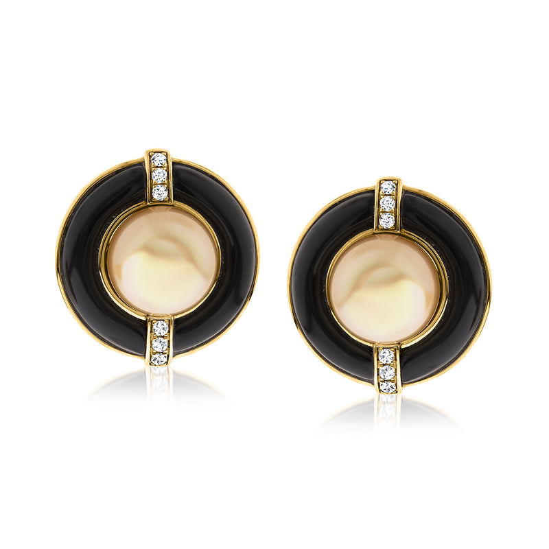 14kt yellow gold earrings with black onyx rings, round pearl centers, diamond accents