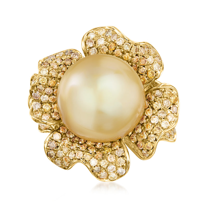 Gold flower ring with golden pearl center and yellow diamond petals