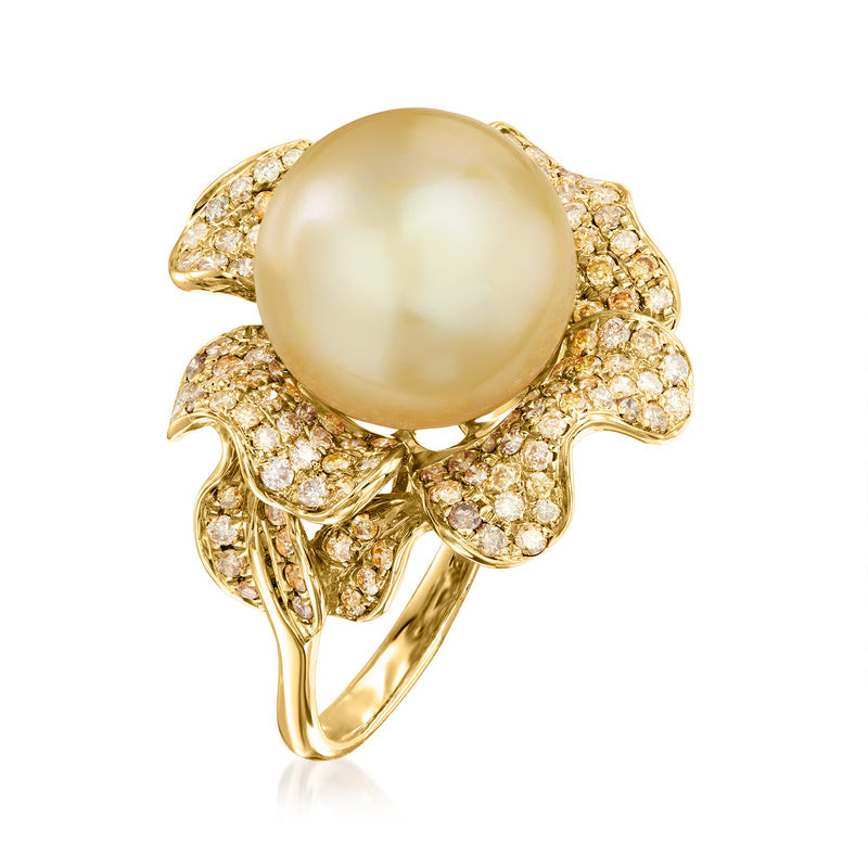 South Sea pearl flower ring with yellow diamond petals in 14kt yellow gold