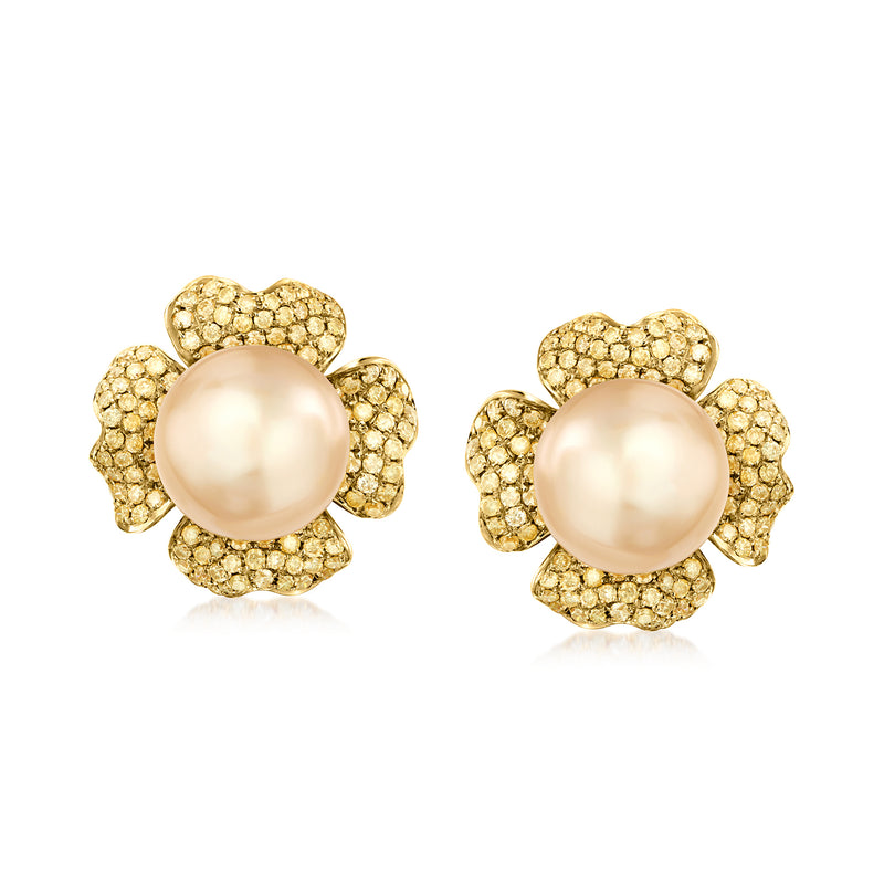 South Sea pearl stud earrings with pavé gold petal accents