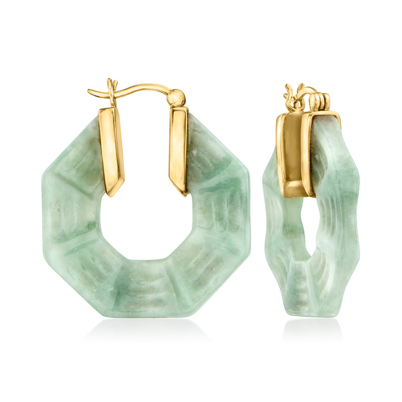 Geometric jade hoop earrings with gold-tone frames and carved mint-green panels