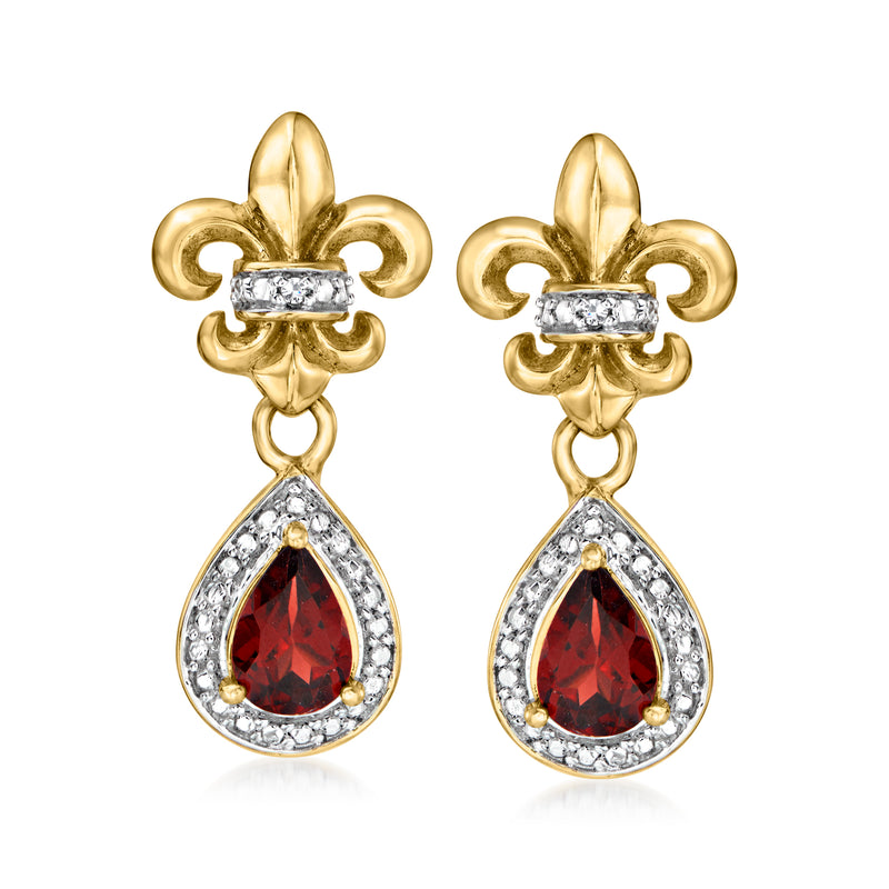 Gold fleur-de-lis drop earrings with pear red garnet and diamond pave halo
