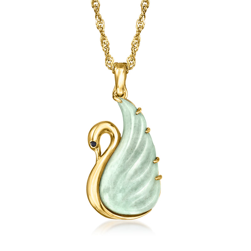 Goldtone swan pendant necklace with oval jade-green body and dark sapphire eye accents