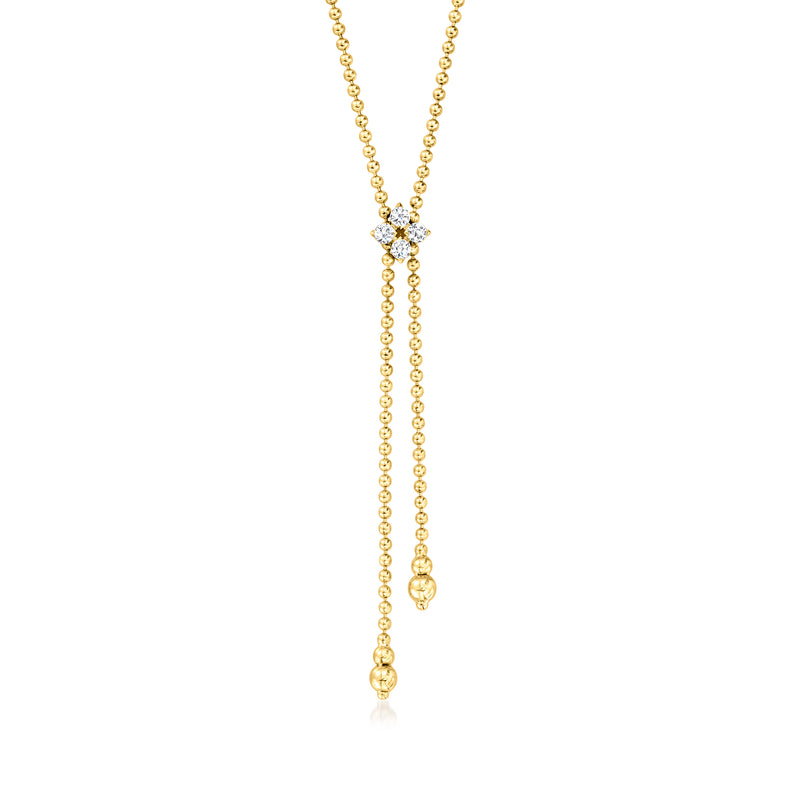 18kt yellow gold lariat necklace with diamond station and two hanging strands