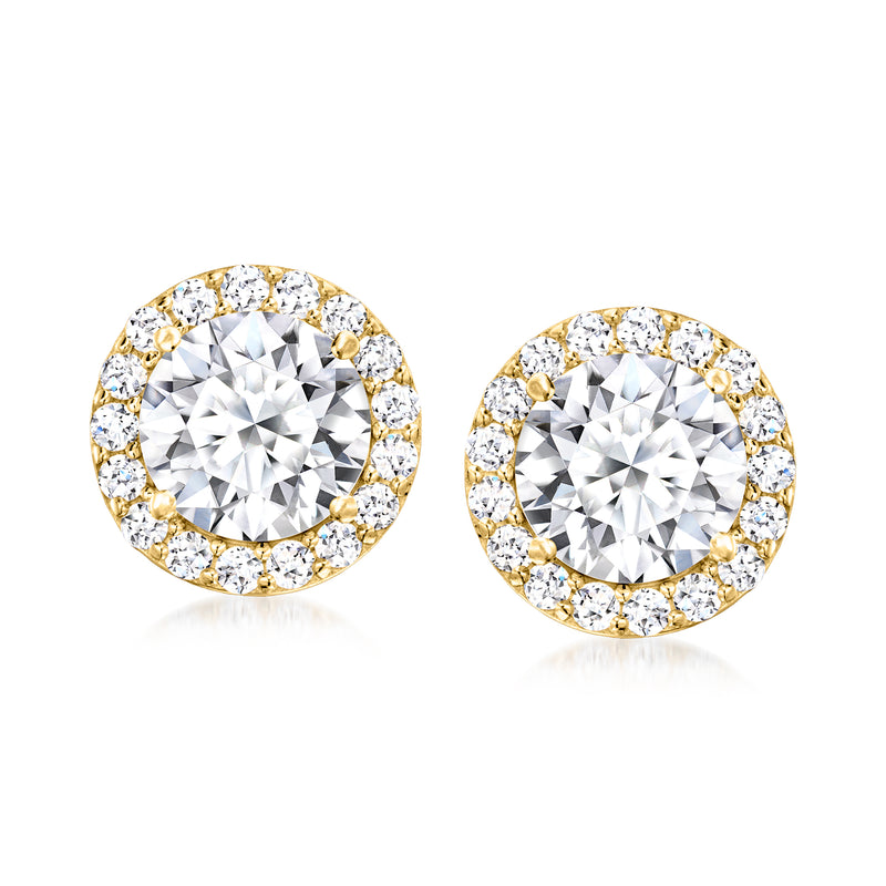 14k yellow gold diamond halo stud earrings with round center stones, post backs