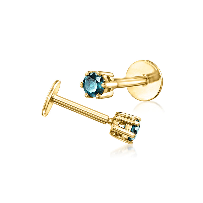 14kt yellow gold flat-back stud earrings with blue gemstone, side view