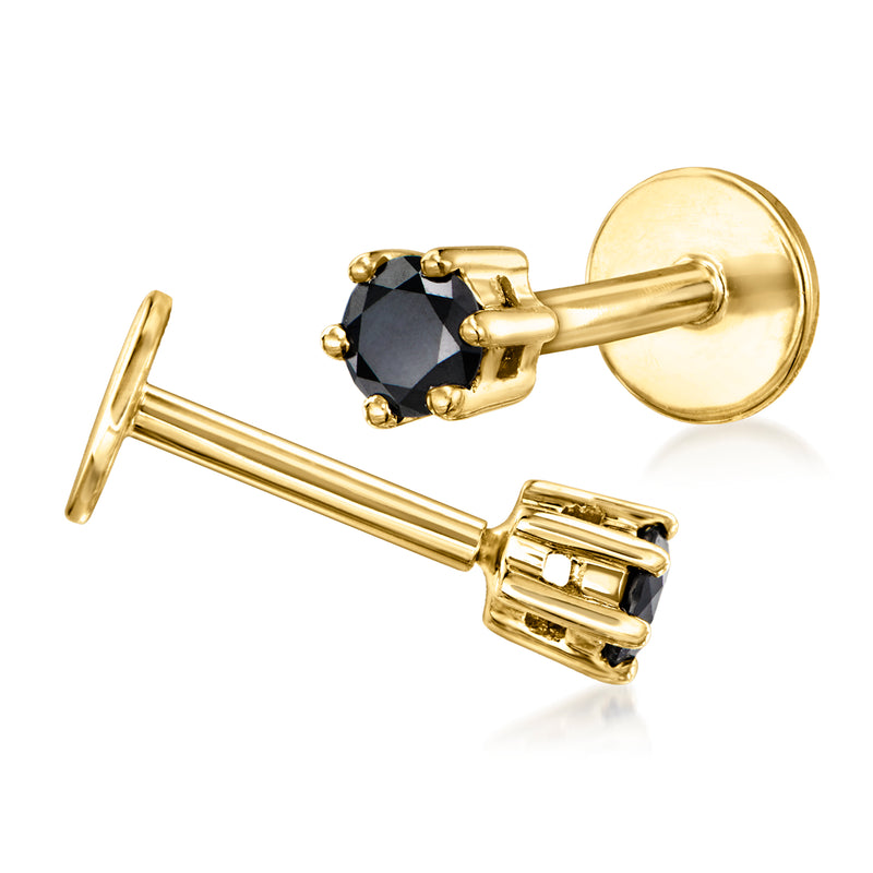 14kt yellow gold flat-back stud earrings with black diamond halo prongs