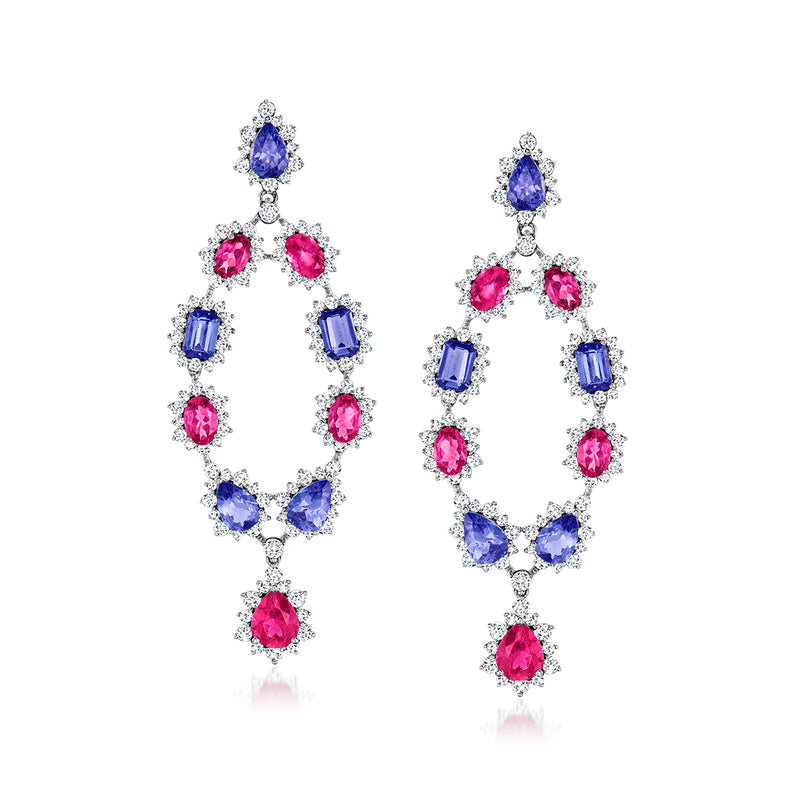 18kt white gold drop earrings with blue, pink, and clear gemstones and diamond accents