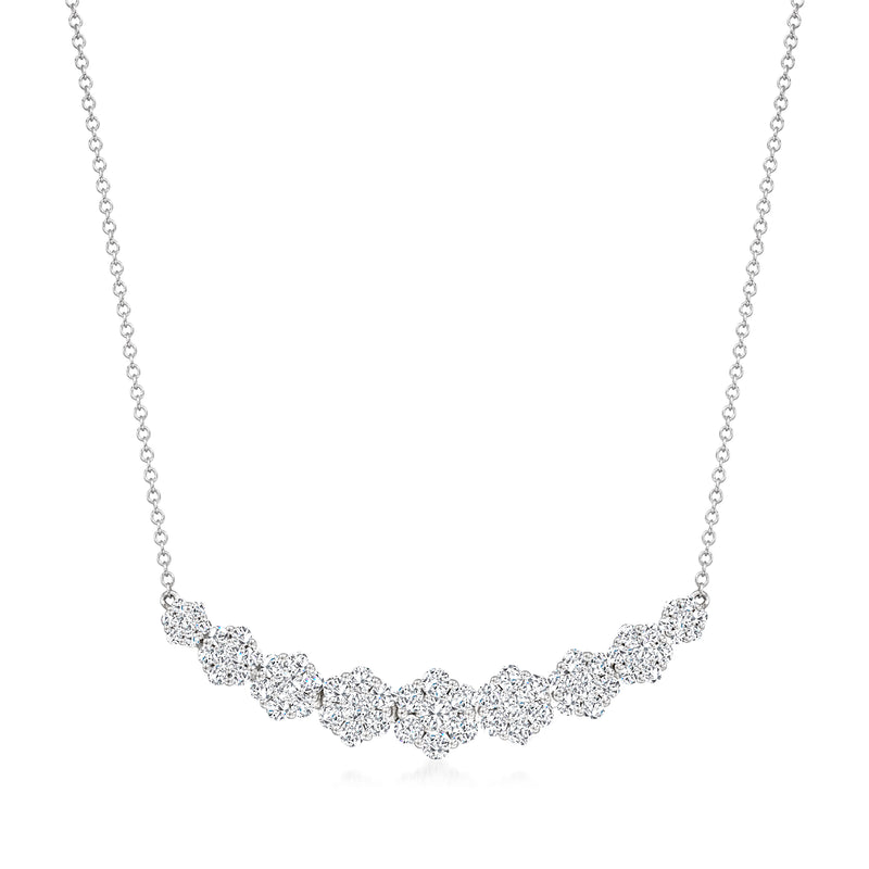 14kt white gold diamond floral cluster graduated necklace with cable chain