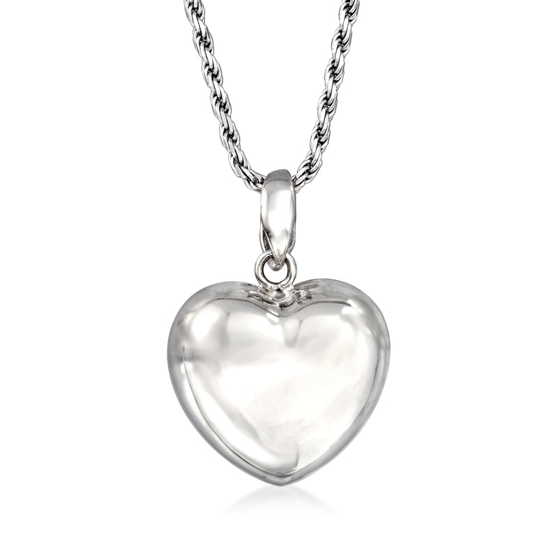 Sterling silver puffed heart pendant necklace with polished heart charm on link chain