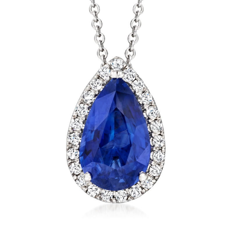 14kt white gold sapphire and diamond teardrop pendant necklace, blue oval center with halo