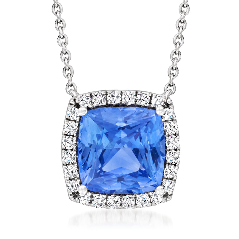 Blue sapphire cushion pendant with diamond halo on white gold chain