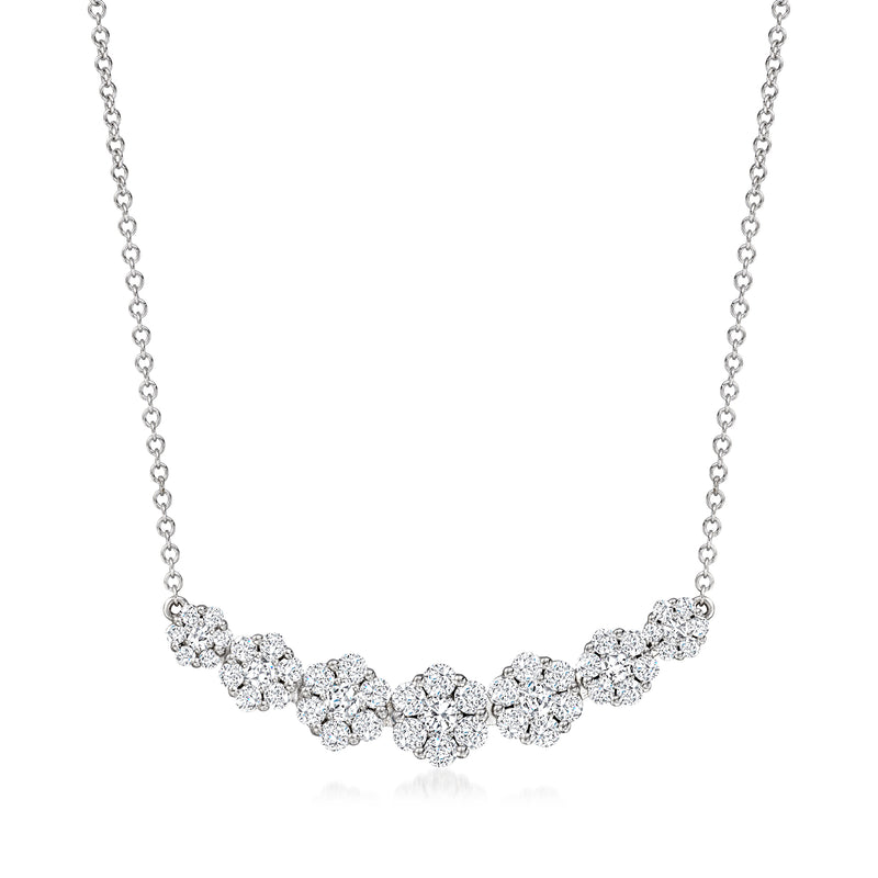 Diamond flower-cluster graduated necklace in 14kt white gold, round stones on link chain