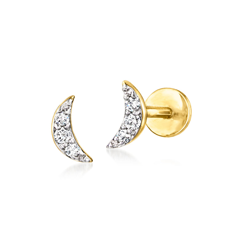 Crescent moon diamond stud earrings, 14kt yellow gold, flat-back posts