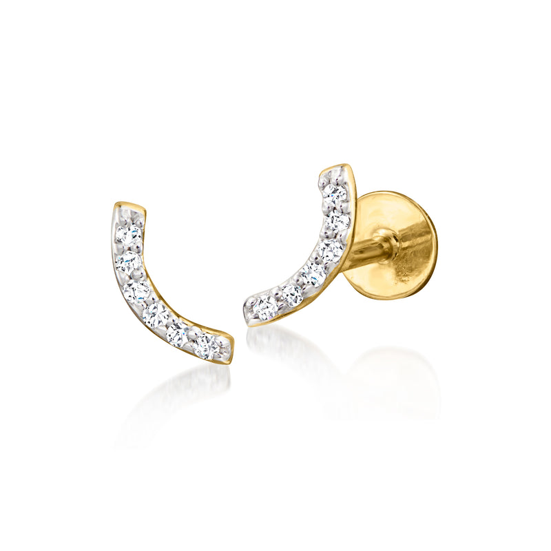 Curved bar diamond stud earrings in 14kt yellow gold with flat backs