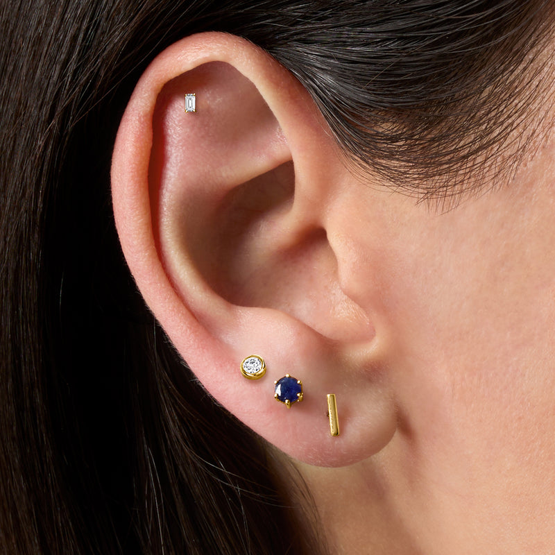 Yellow gold stud earrings with square gemstone on flat-back post