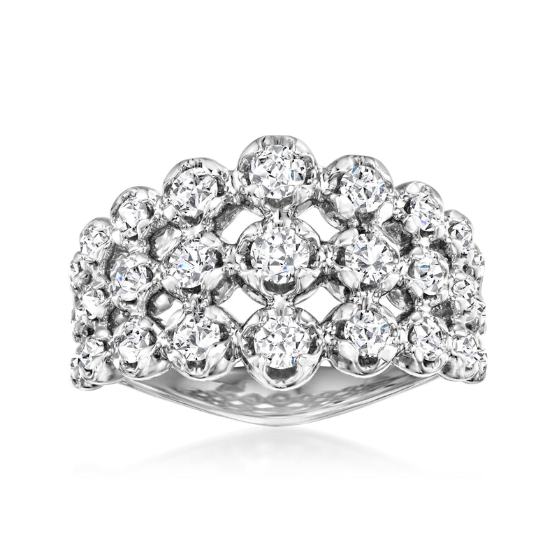 Three-row diamond ring with round stones and 14kt white gold band