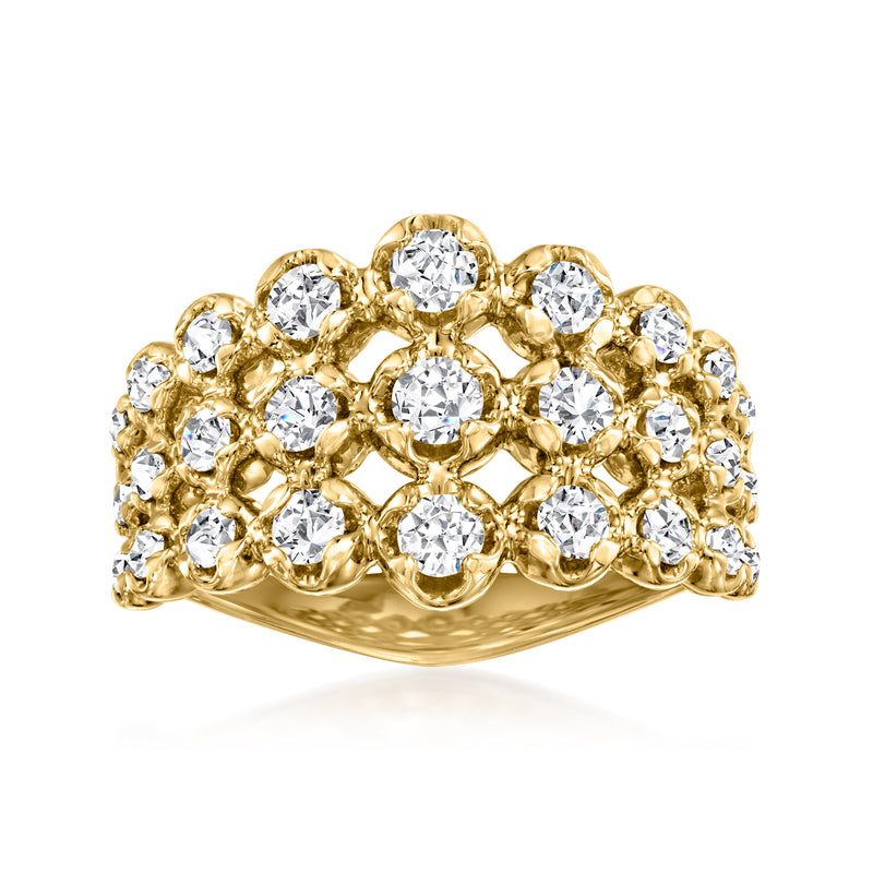 Three-row diamond ring in 14kt yellow gold with round bezel-set stones