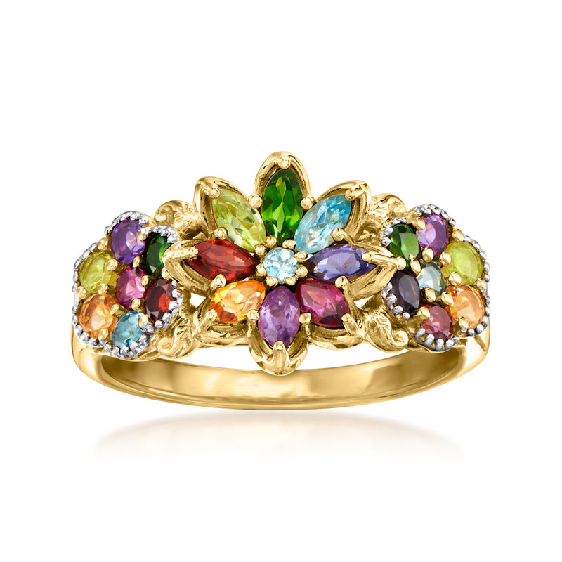 Gold floral ring with multicolor gemstones and openwork lattice setting