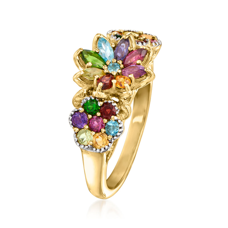 Multicolor gemstone floral ring in gold with blue, purple, and green center stones
