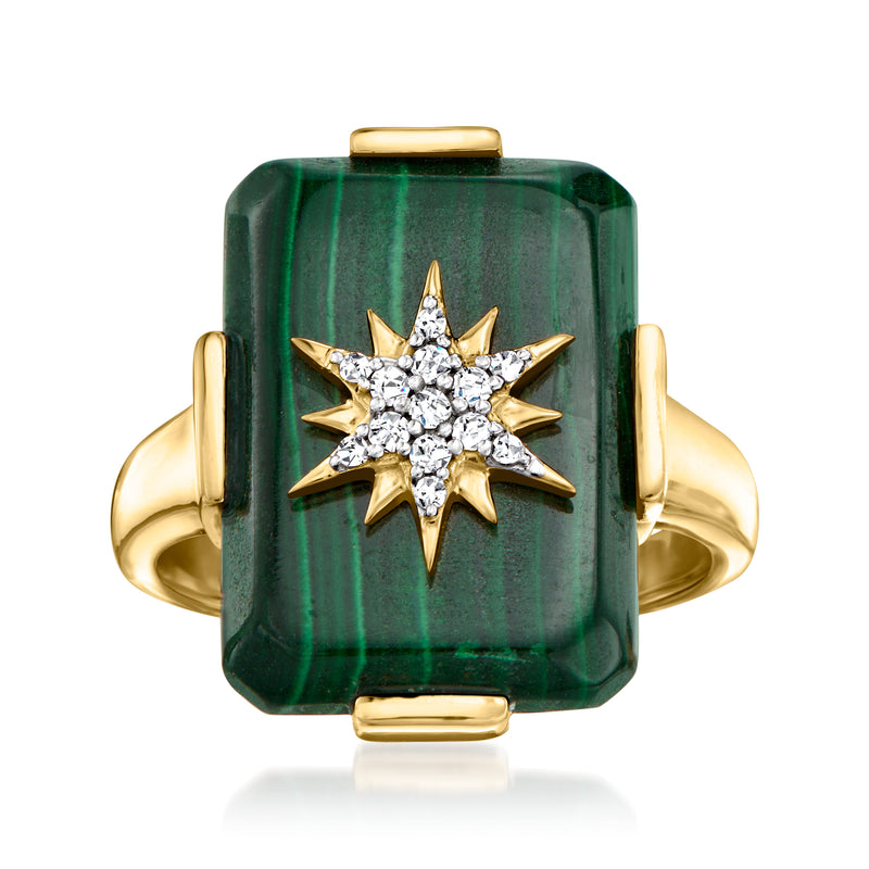 Malachite starburst ring in gold over sterling with white zircon-like center stones