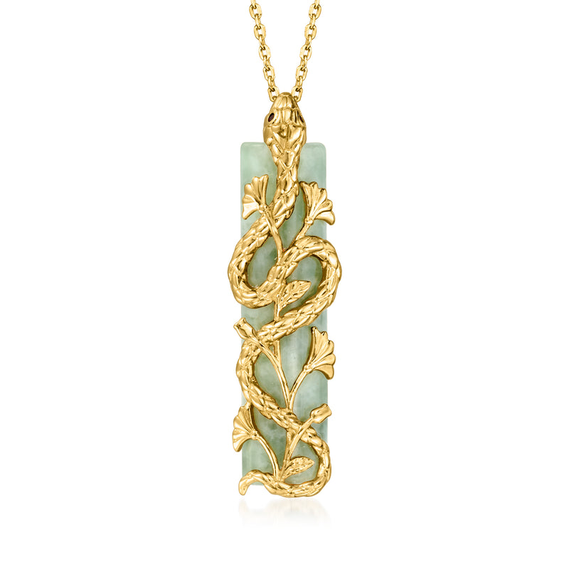 Gold snake pendant necklace with light green gem insets on a fine chain