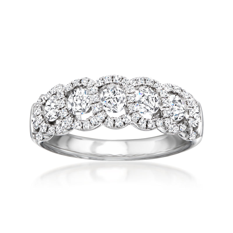14kt white gold diamond swirl ring with five round brilliant stones