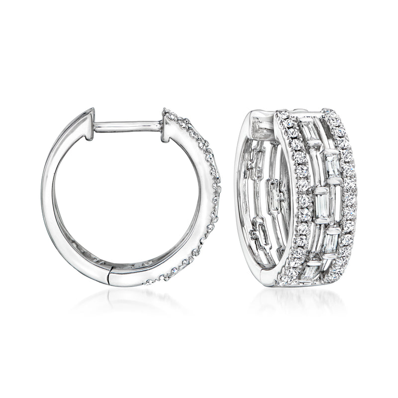14kt white gold diamond hoop earrings with baguette and round stones, hinged clasp