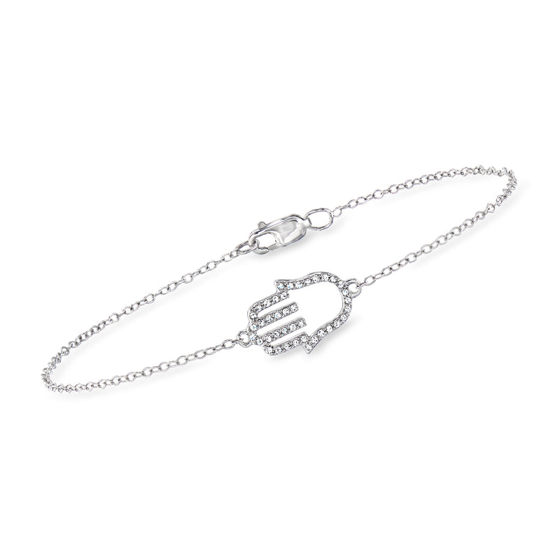 Sterling silver hamsa bracelet with diamond-like stones on hand-shaped charm