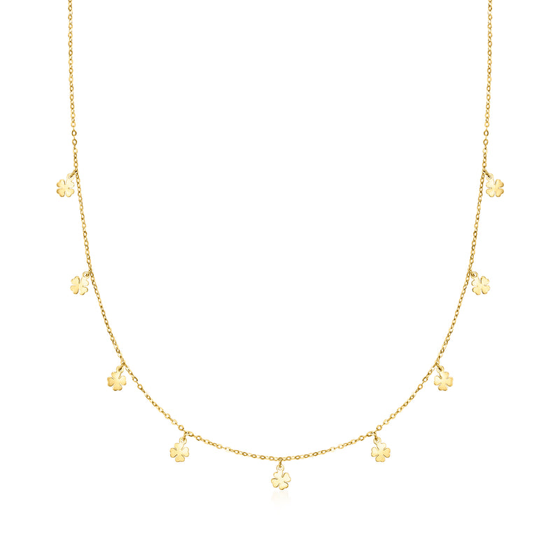 14kt yellow gold clover station necklace with small four-leaf clover charms
