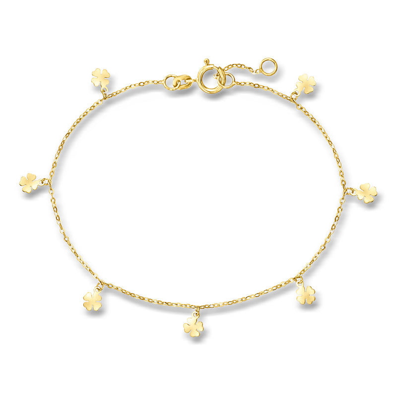 14kt yellow gold bracelet with small clover charms on a round link chain