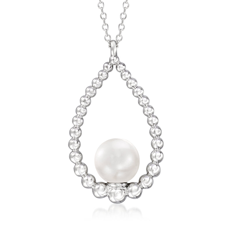 Sterling silver pearl teardrop bead necklace with round cultured pearl center