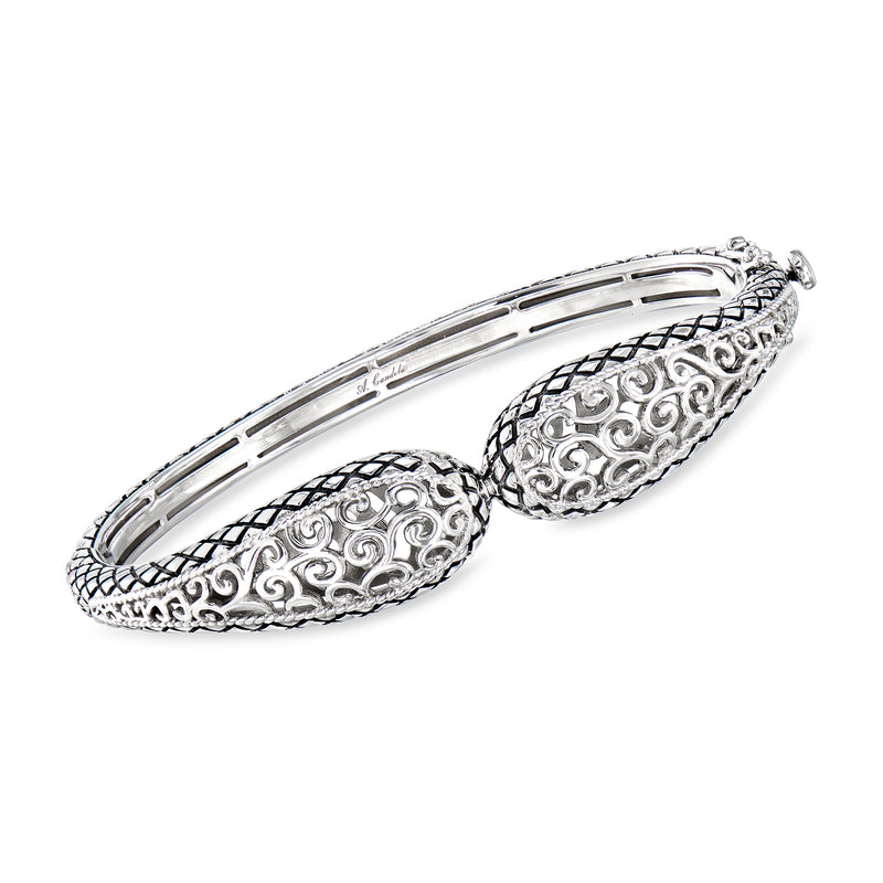 Sterling silver filigree bangle bracelet with black enamel oval details