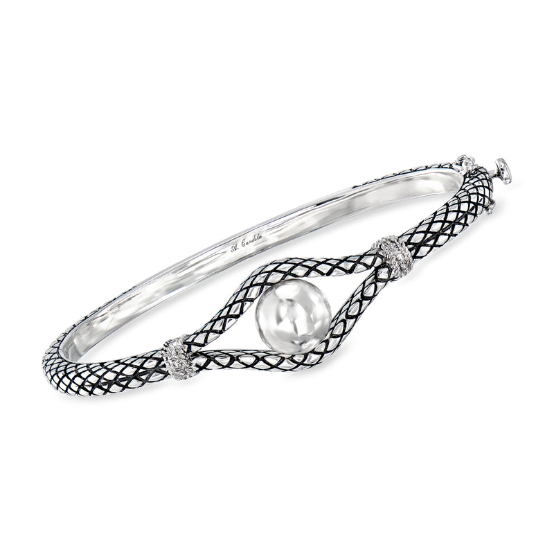 Sterling silver ball bangle bracelet with black enamel lattice and diamond accents