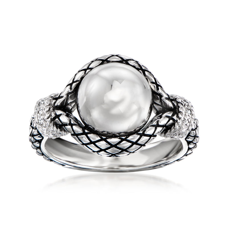 Sterling silver ball ring with round white gemstone, black enamel lattice, diamond accents