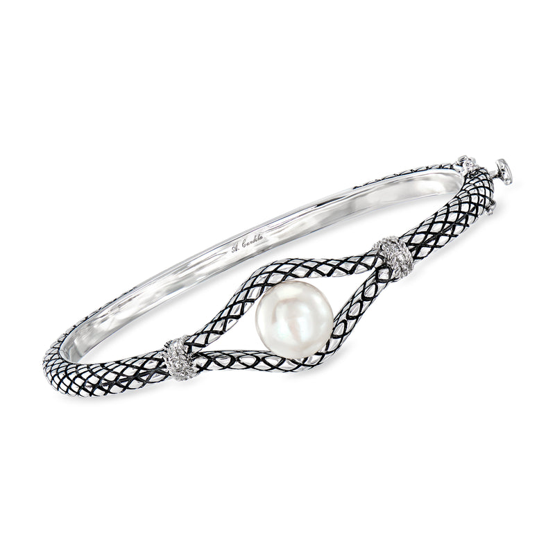 Sterling silver bangle bracelet with 10mm cultured pearl, black enamel lattice and diamond accents
