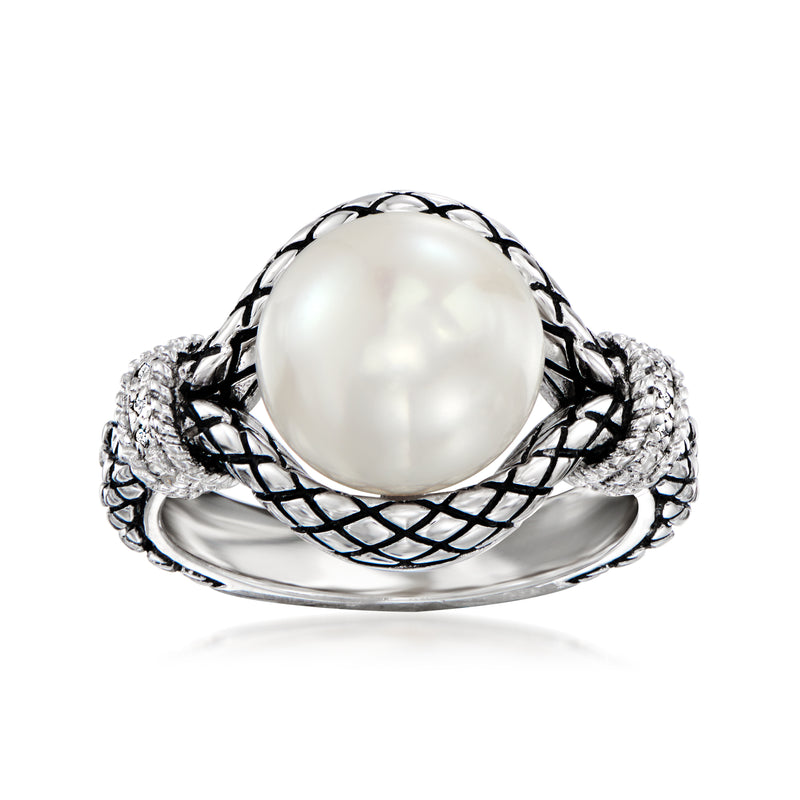 Cultured pearl ring with white pearl, sterling silver band and black enamel lattice