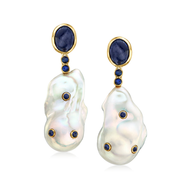 Baroque cultured pearl drop earrings with dark-blue sapphire accents in yellow gold