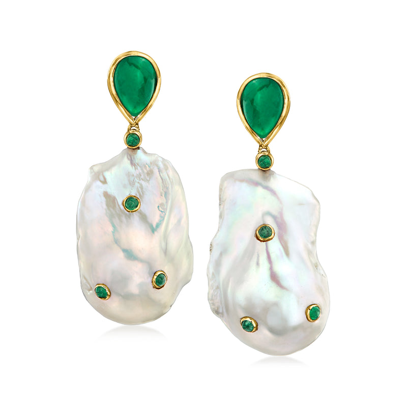 Cultured baroque pearl drop earrings in yellow gold with emerald-green teardrop stones