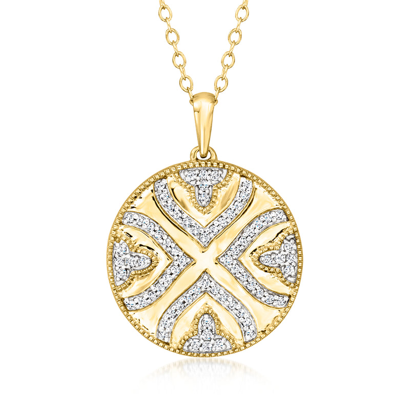 Diamond medallion pendant necklace with round gold-tone pendant and pavé accents
