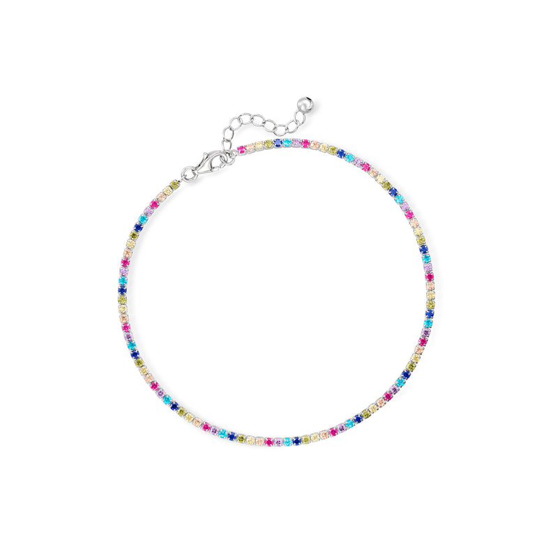 Sterling silver tennis anklet with multicolor simulated gemstones and chain clasp