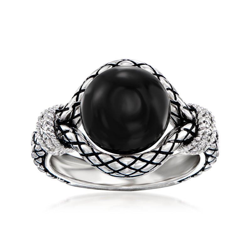 Sterling silver onyx ring with black cabochon, diamond accents, lattice design