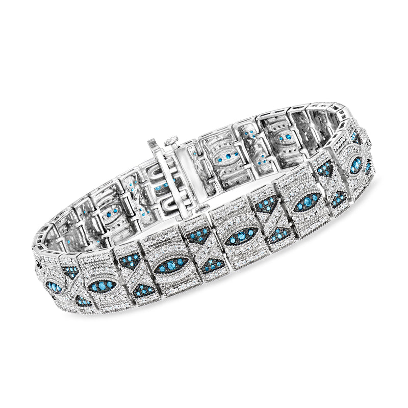 Sterling silver woven-pattern bracelet with blue and white diamond accents