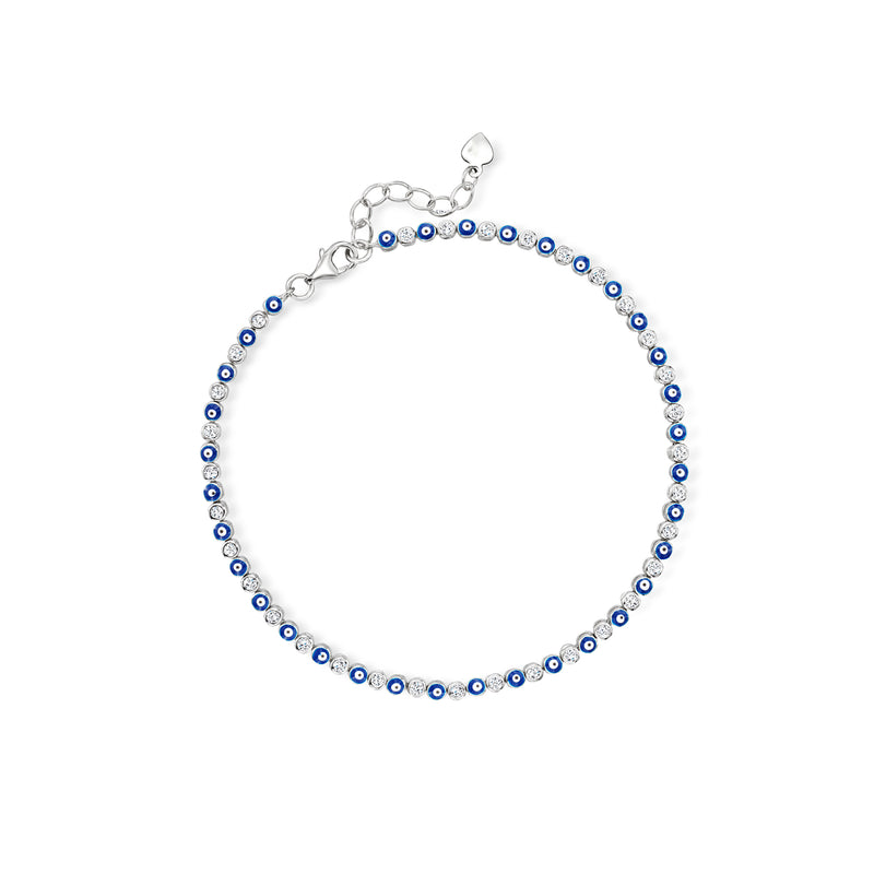Sterling silver evil eye anklet with blue and multicolor enamel bead links