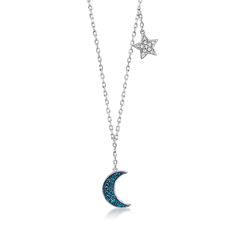 Sterling silver necklace with blue enamel moon charm and dangling star charm