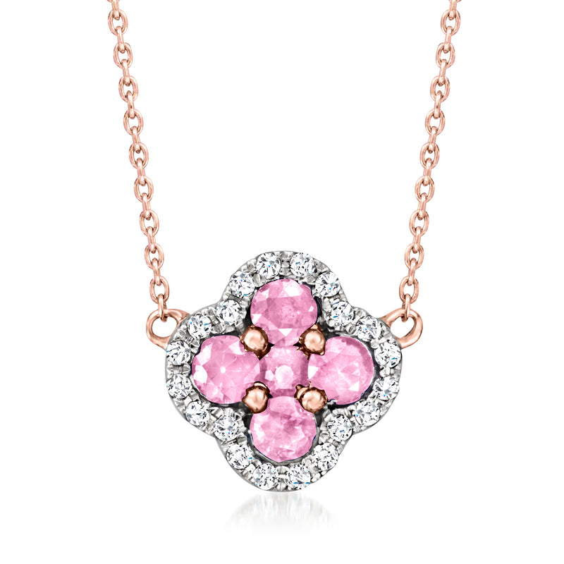 14kt rose gold clover necklace with pink sapphires and diamond border, chain links
