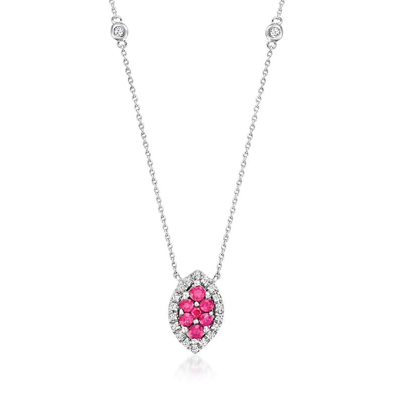 14kt white gold necklace with oval ruby center and diamond halo pendant
