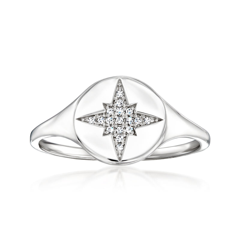 Sterling silver signet ring with diamond-accented four-point star centerpiece