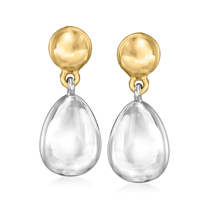 Sterling silver teardrop drop earrings with 14kt yellow gold domed tops