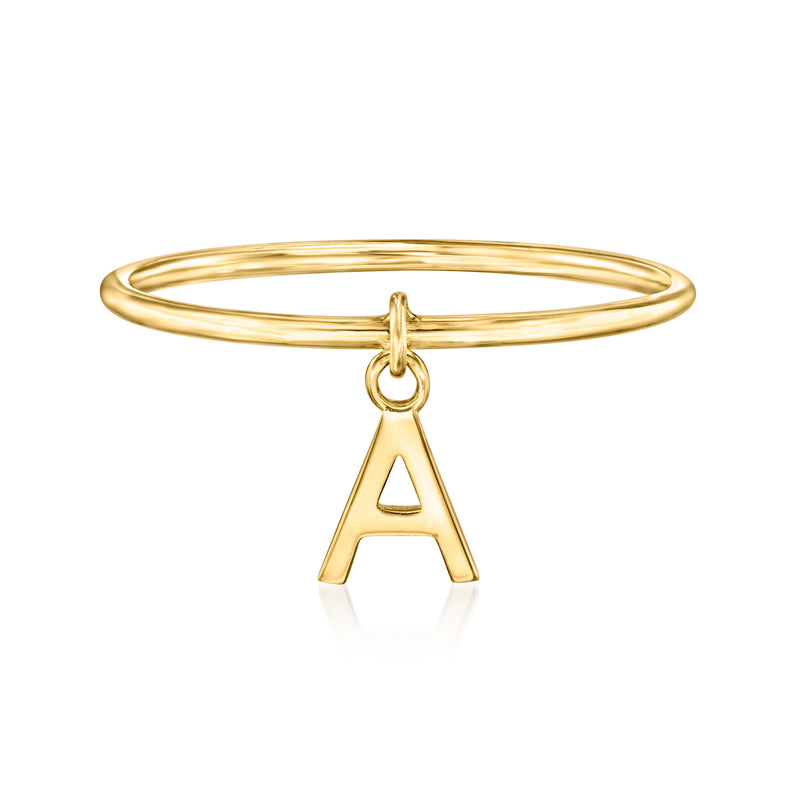 14kt yellow gold initial A charm ring with slim band and hanging letter charm